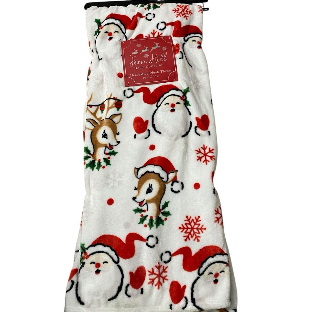 Fern Hill Christmas Plush Throw Blanket Santa Reindeer 50" x 70" NEW